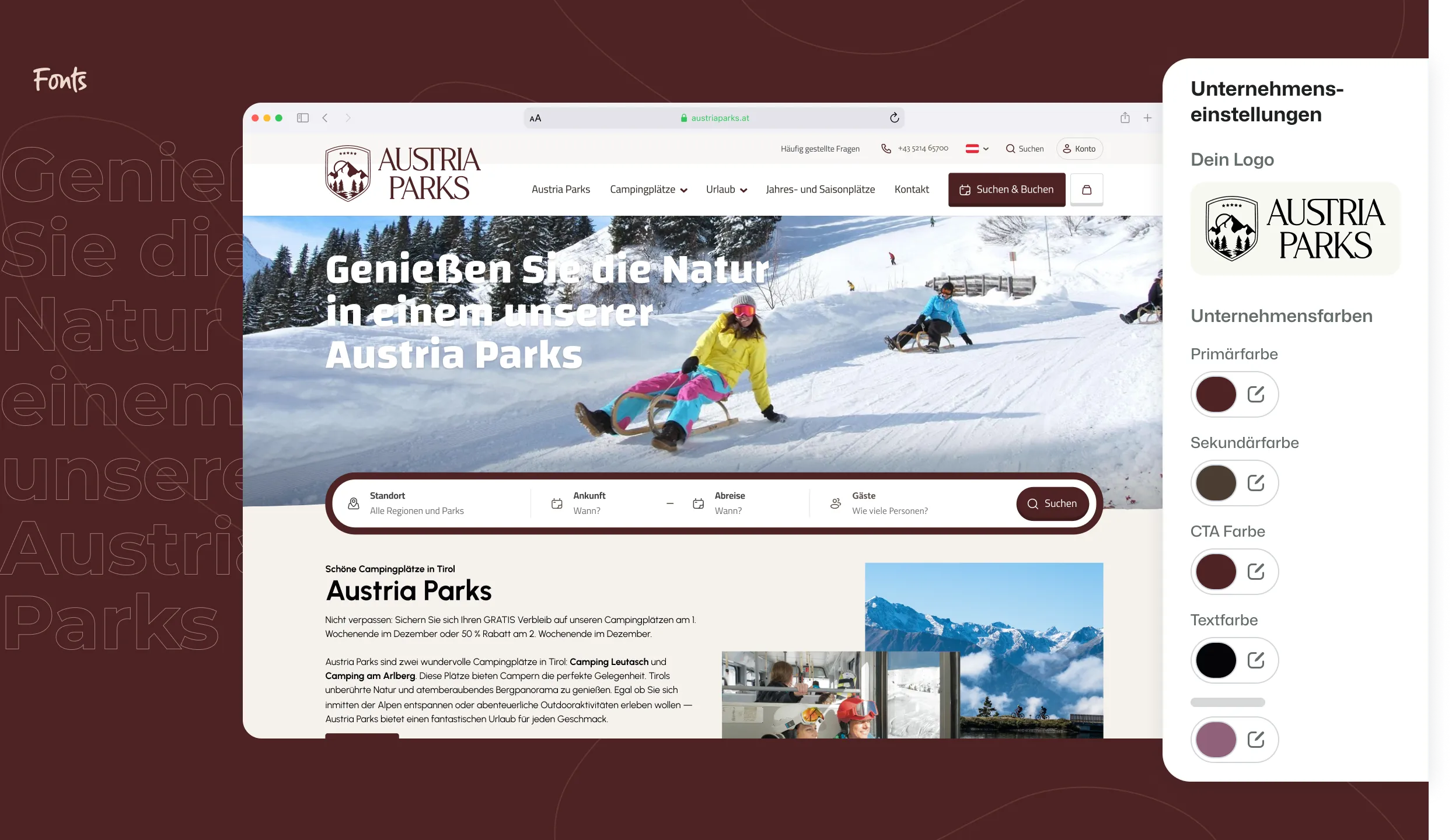 BEX CMS Vermietungswebsite Branding Austria Parks